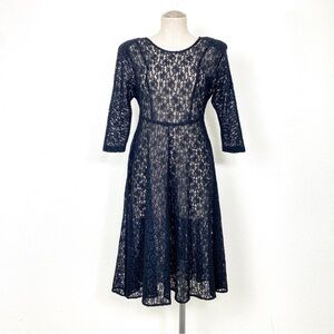 Small Medium 1990s Vintage Sheer Black Lace 3/4 Sleeve Fit and Flare Midi Dress